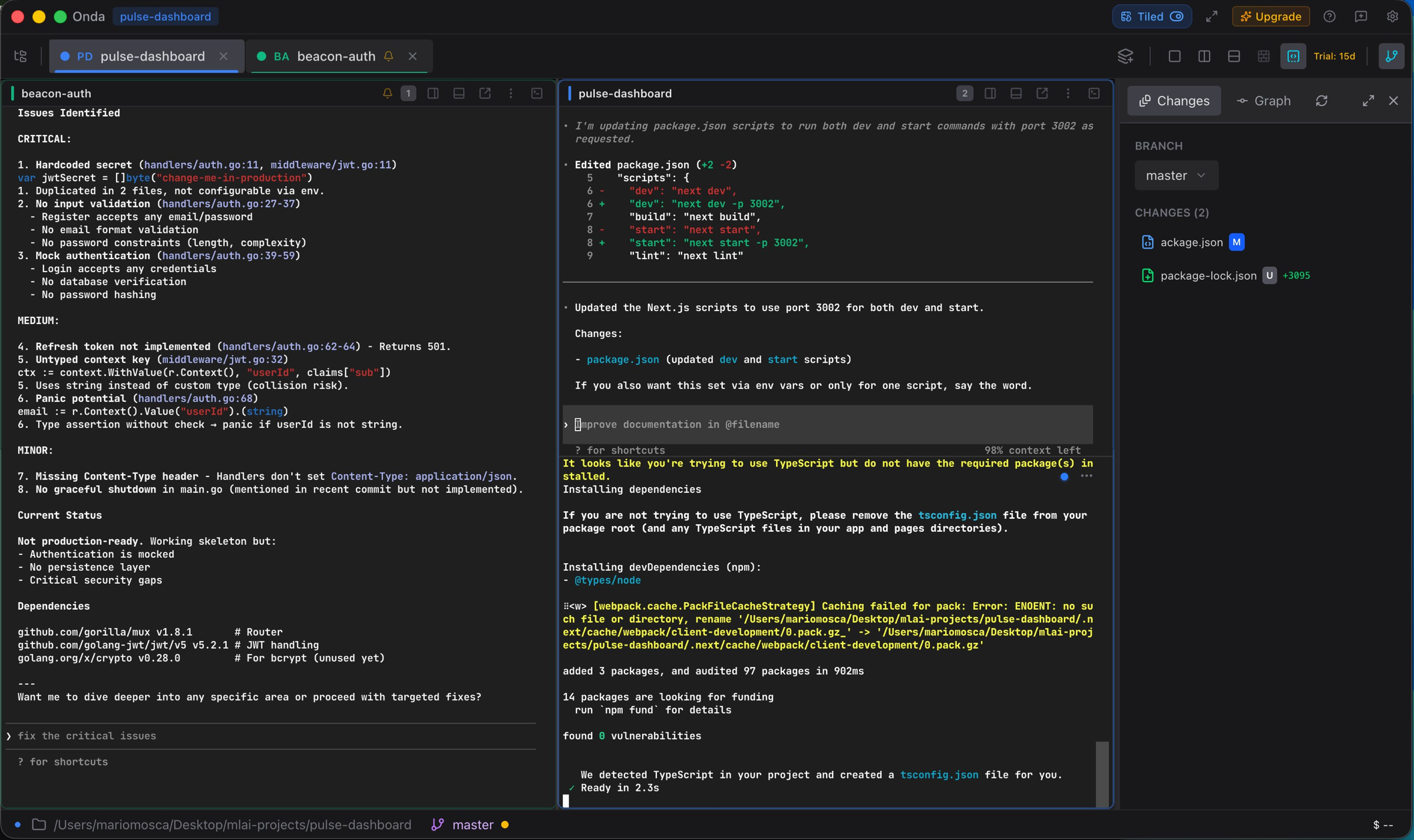 Onda terminal with split panes, Git panel, and AI session running